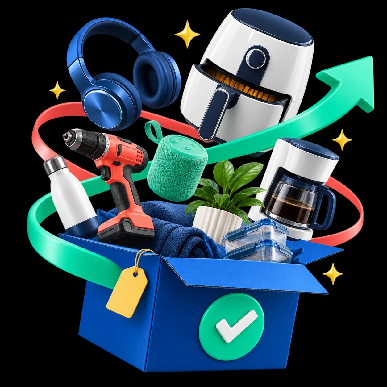 Playful illustration of home goods bursting from a blue box, surrounded by sweeping arrows.